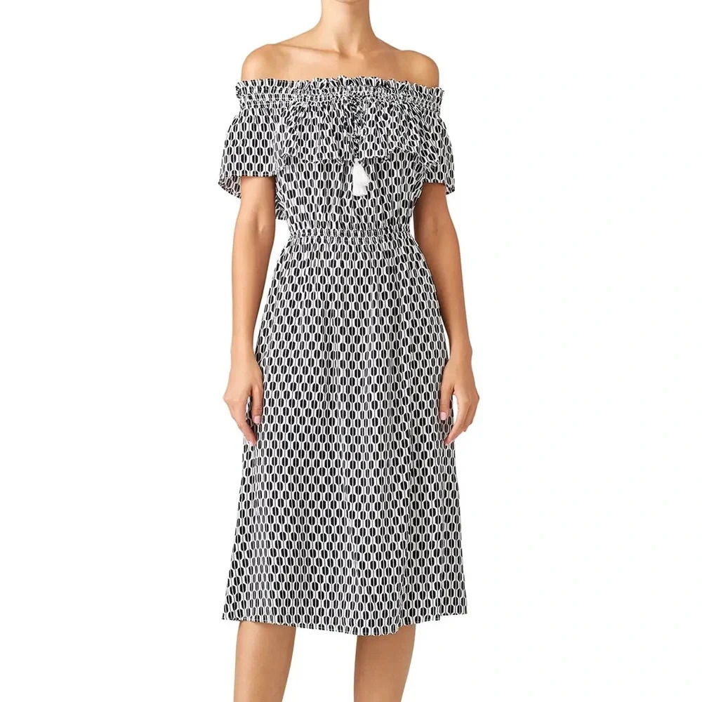 Kate Spade Dress Sz Small Off Shoulder Boho Print Tassel Printed Knee Length